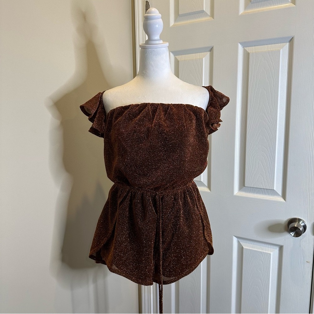 Pink clove off the shoulder glitter orange/gold romper size large NWT